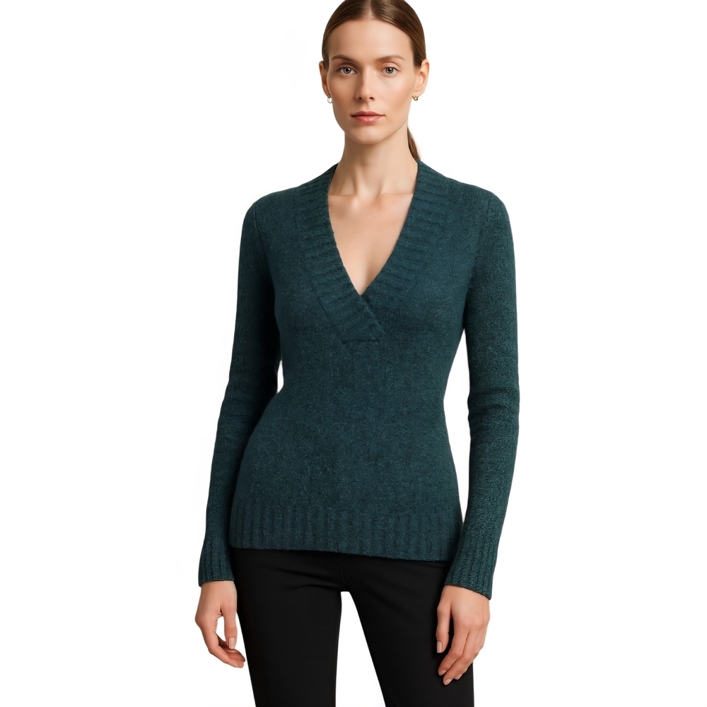 Moda International Teal V-Neck Wool Blend Sweater – Size S